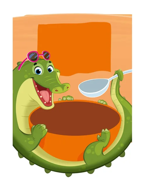 Happy cartoon crocodile with sunglasses holding sign and spoon