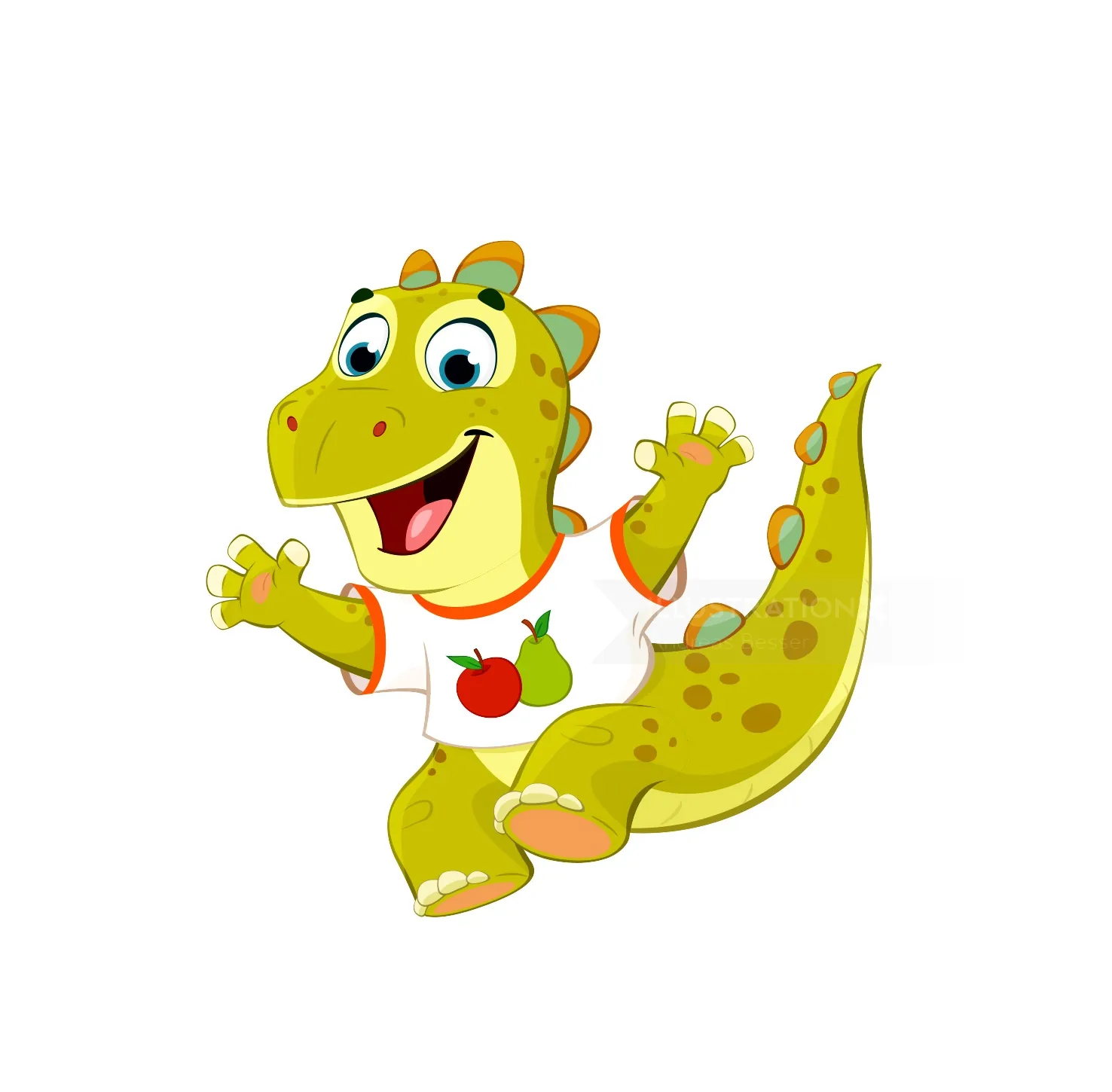 Illustration of a happy dinosaur wearing a fruit-patterned t-shirt by Andreas Besser