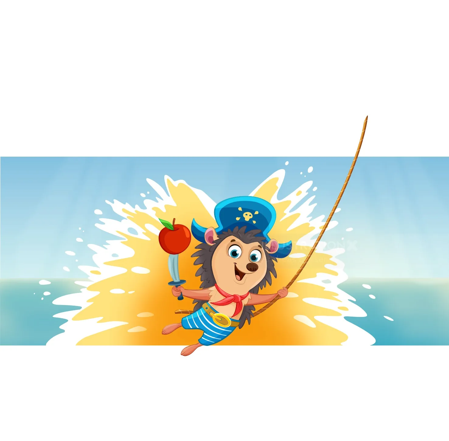 Cartoon hedgehog swinging on rope holding apple by Andreas Besser