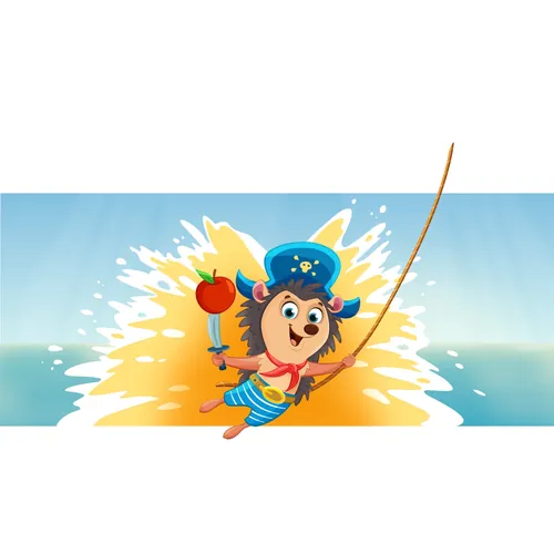 Cartoon hedgehog swinging on rope holding apple by Andreas Besser