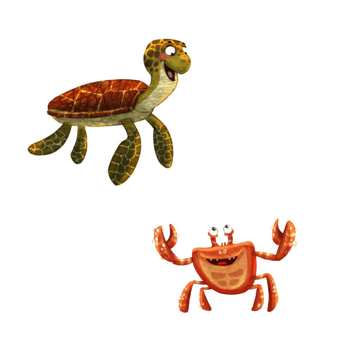 personagens de desenhos animados de tartaruga e caranguejo