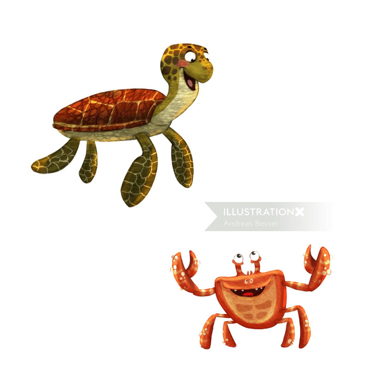 personnages de dessins animés de tortue et de crabe