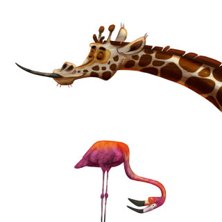 Ilustración animal de jirafa y grulla.
