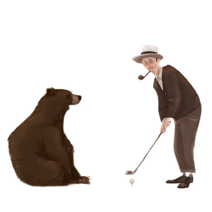 Illustration of bear with man playing golf
