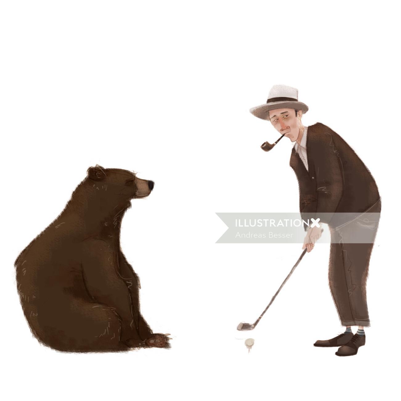 Illustration of bear with man playing golf
