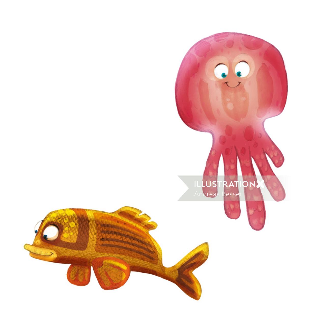 Animal cartoon design of jelly fish and gold fish
