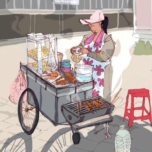 Illustration of woman with mobile fast food center
