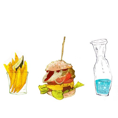 Food illustration Burgers, fries and soda
