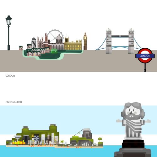 Illustration of London bridge and statue in sea
