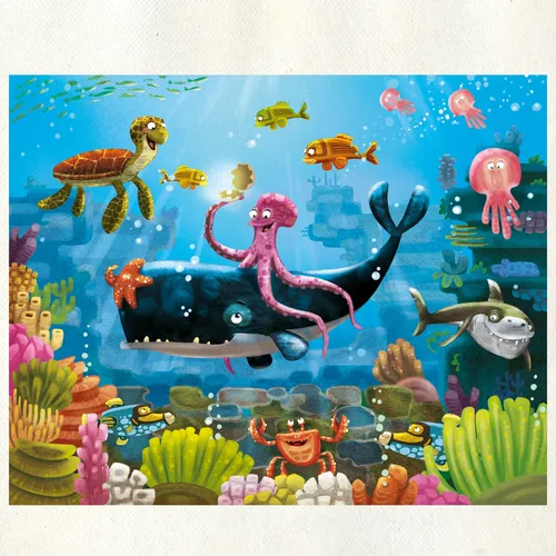 Illustration eines Oktopus, der auf einem Wal sitzt

