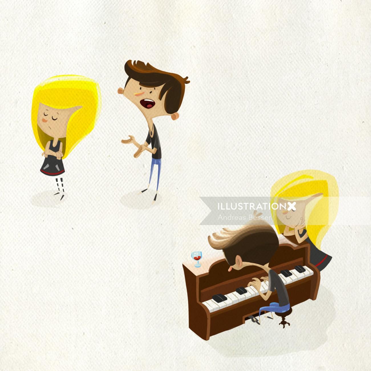 Illustration de personnes avec piano