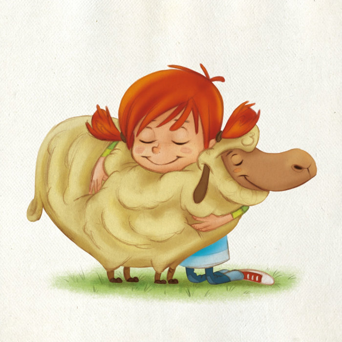 desenho de criança de menina com ovelha