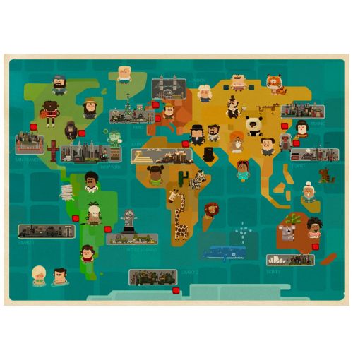 Illustration of world map with people and animals