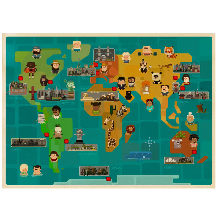 Ilustração do mapa do mundo com pessoas e animais