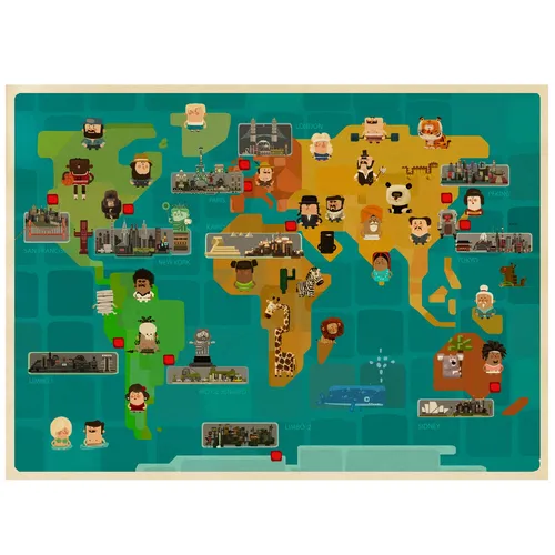 Illustration of world map with people and animals