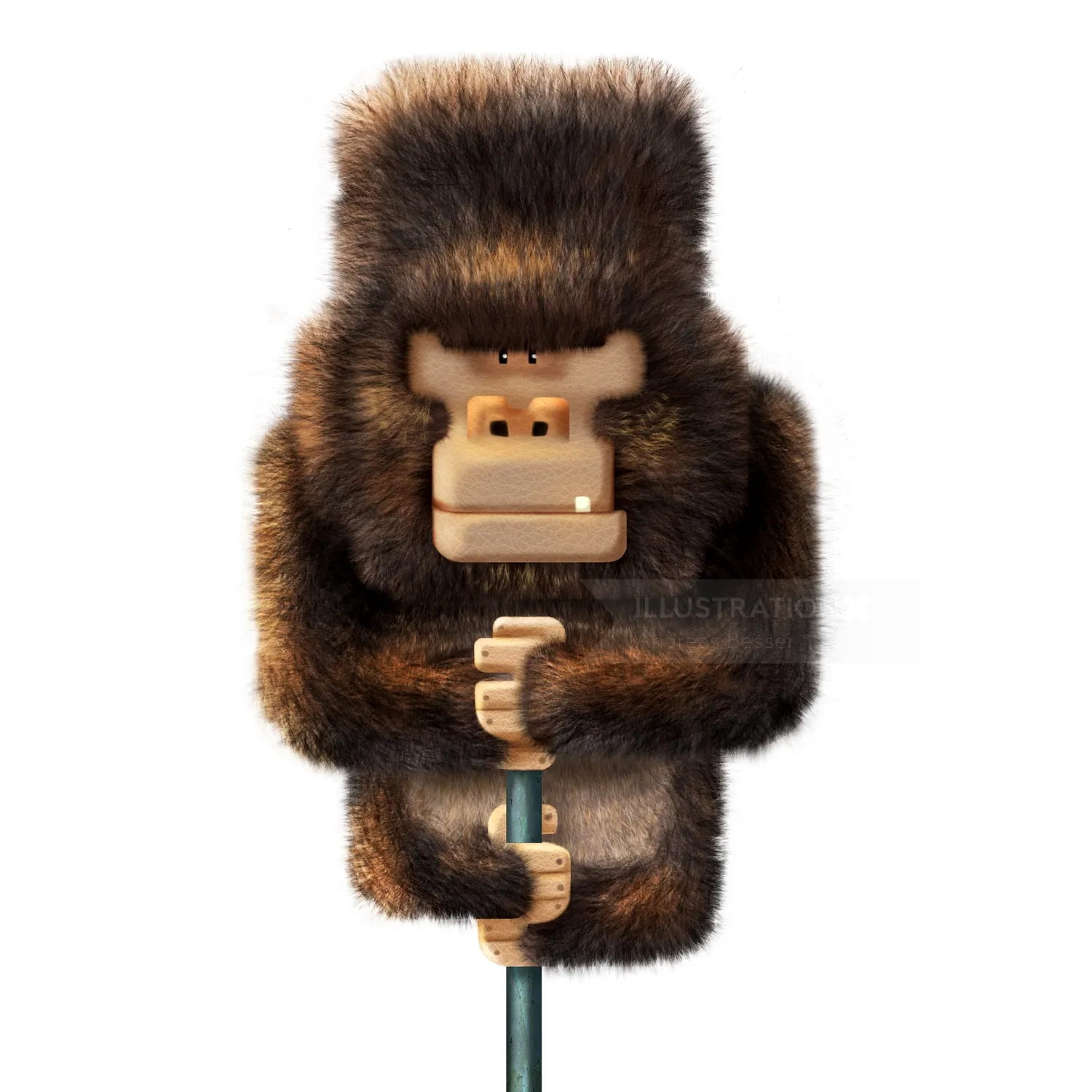 Digital illustration of a chimpangee on pole
