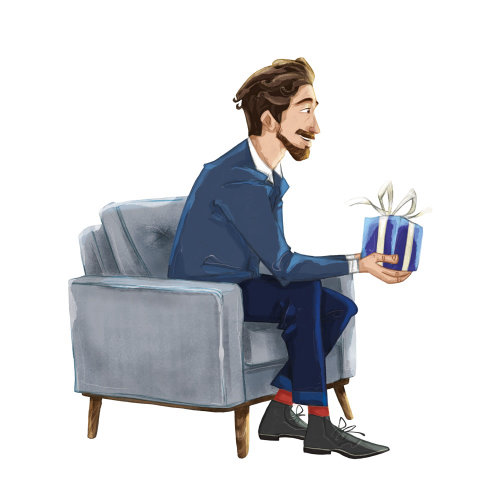 Cartoon illustration of young man holding gift box