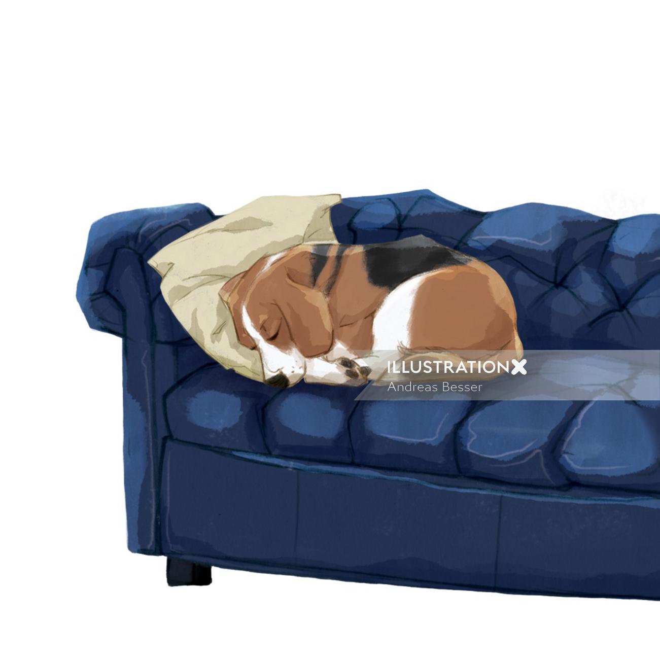 Dog sleeping on a couch illustration