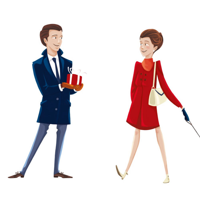 Cartoon illustration of young man giving gift box to woman