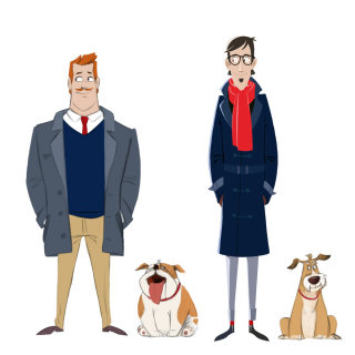 Diseño de personajes de personas paradas con perros.
