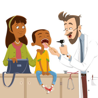 Desenho de um dentista examinando uma criança