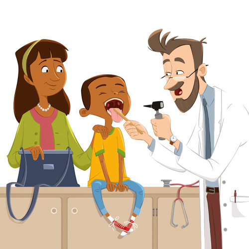 Cartoon of a dentist examining child