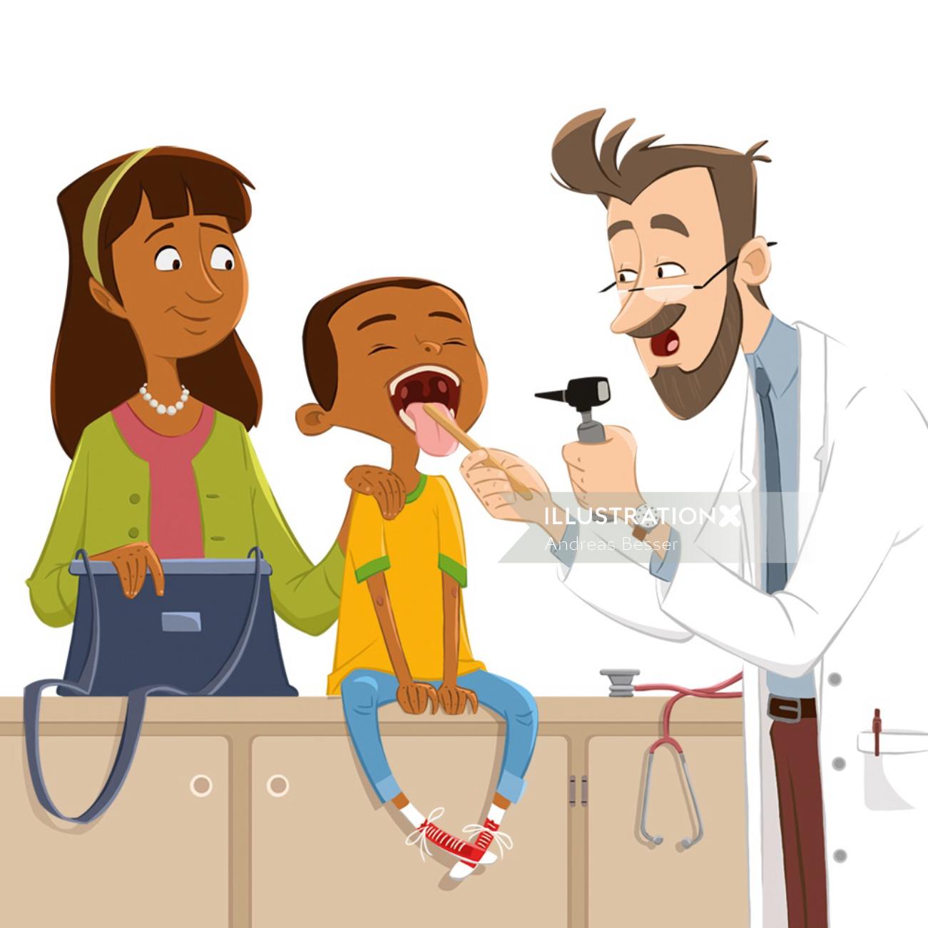 Cartoon of a dentist examining child