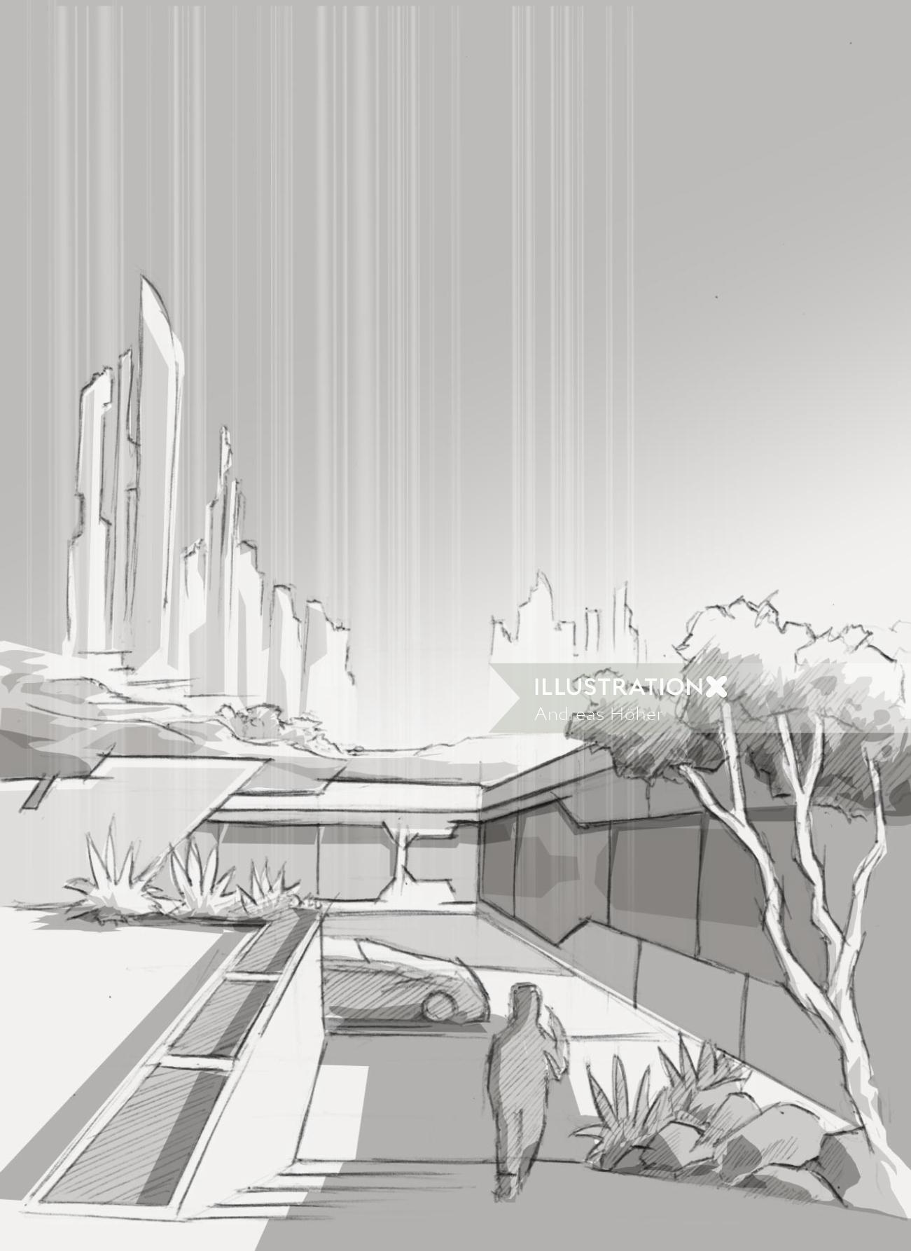 Line art of city with trees