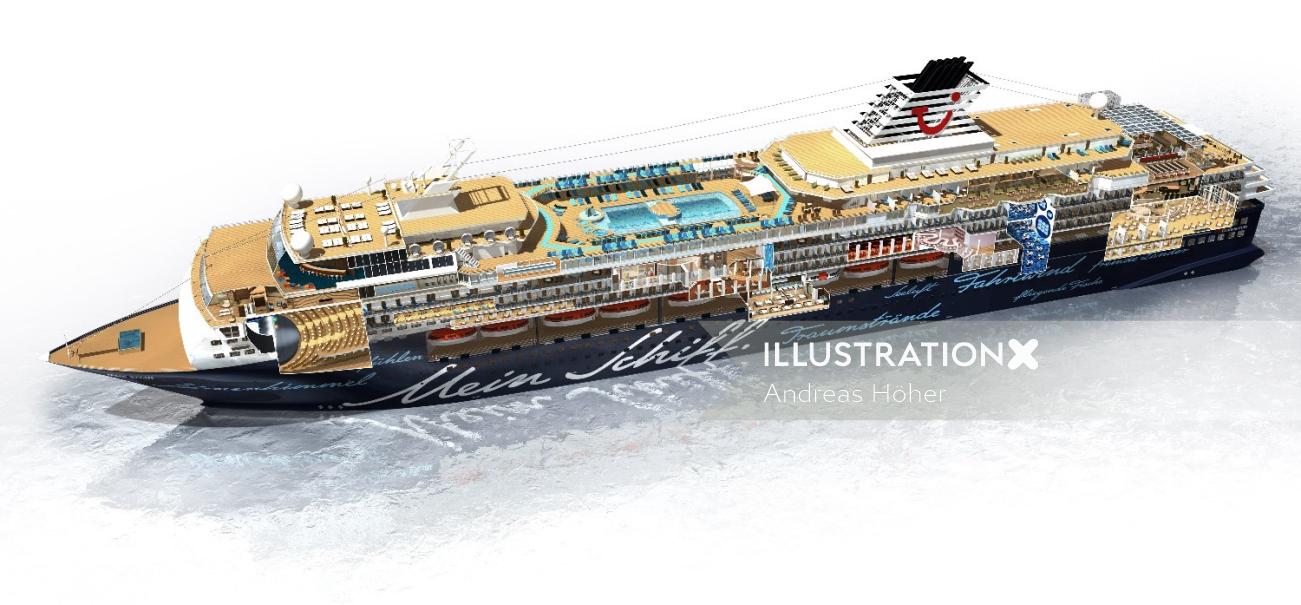 3d design of cross-sectioned cruise ship