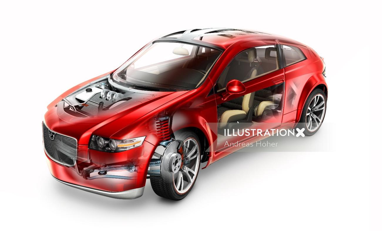 インテリアビューの3D / CGI赤い車