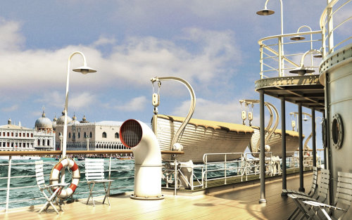 Visualização 3D / CGI do convés do navio