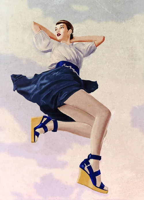 Woman jumping mid-air wearing blue skirt and wedge heels by Andreas Schickert