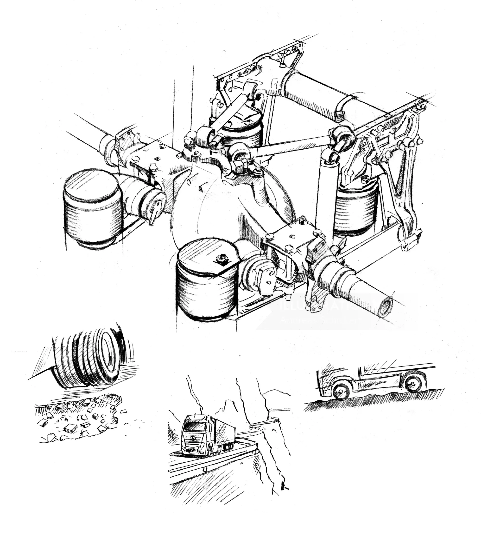 Technical pen-and-ink drawing of a vehicle suspension system by Andreas Schickert