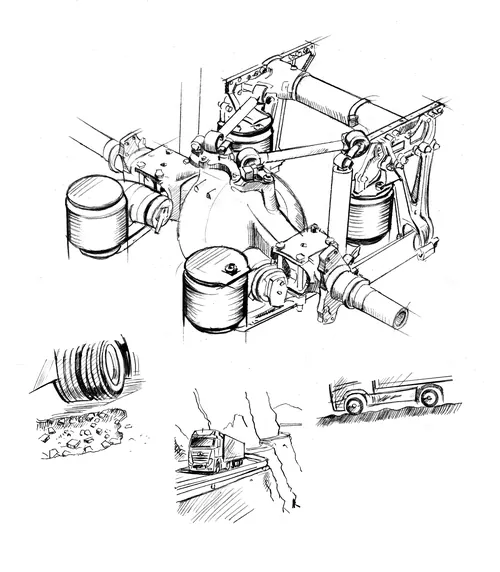 Technical pen-and-ink drawing of a vehicle suspension system by Andreas Schickert