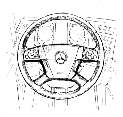 Sketch of Mercedes-Benz steering wheel and dashboard by Andreas Schickert