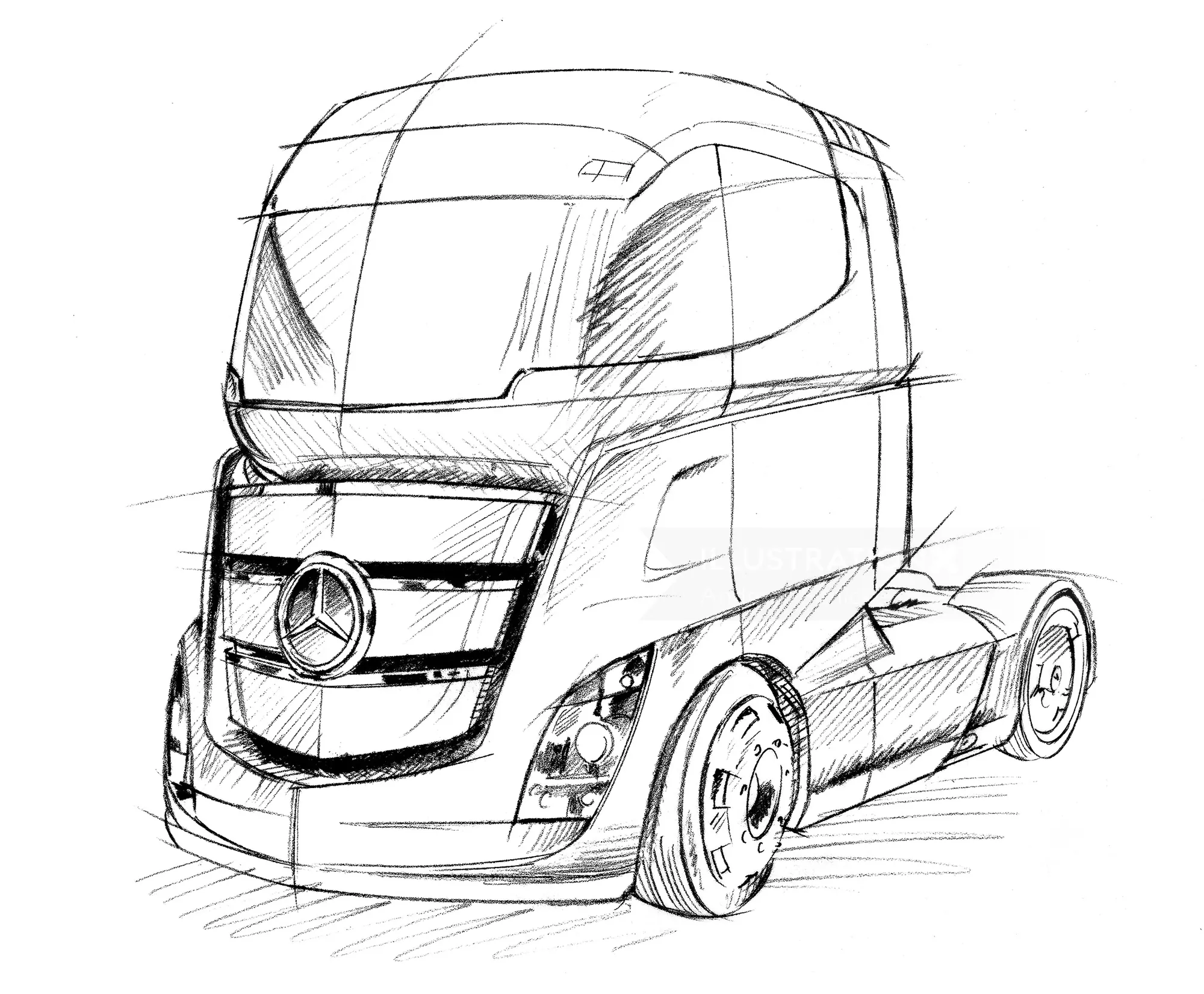 Sketch of Mercedes-Benz truck cab by Andreas Schickert
