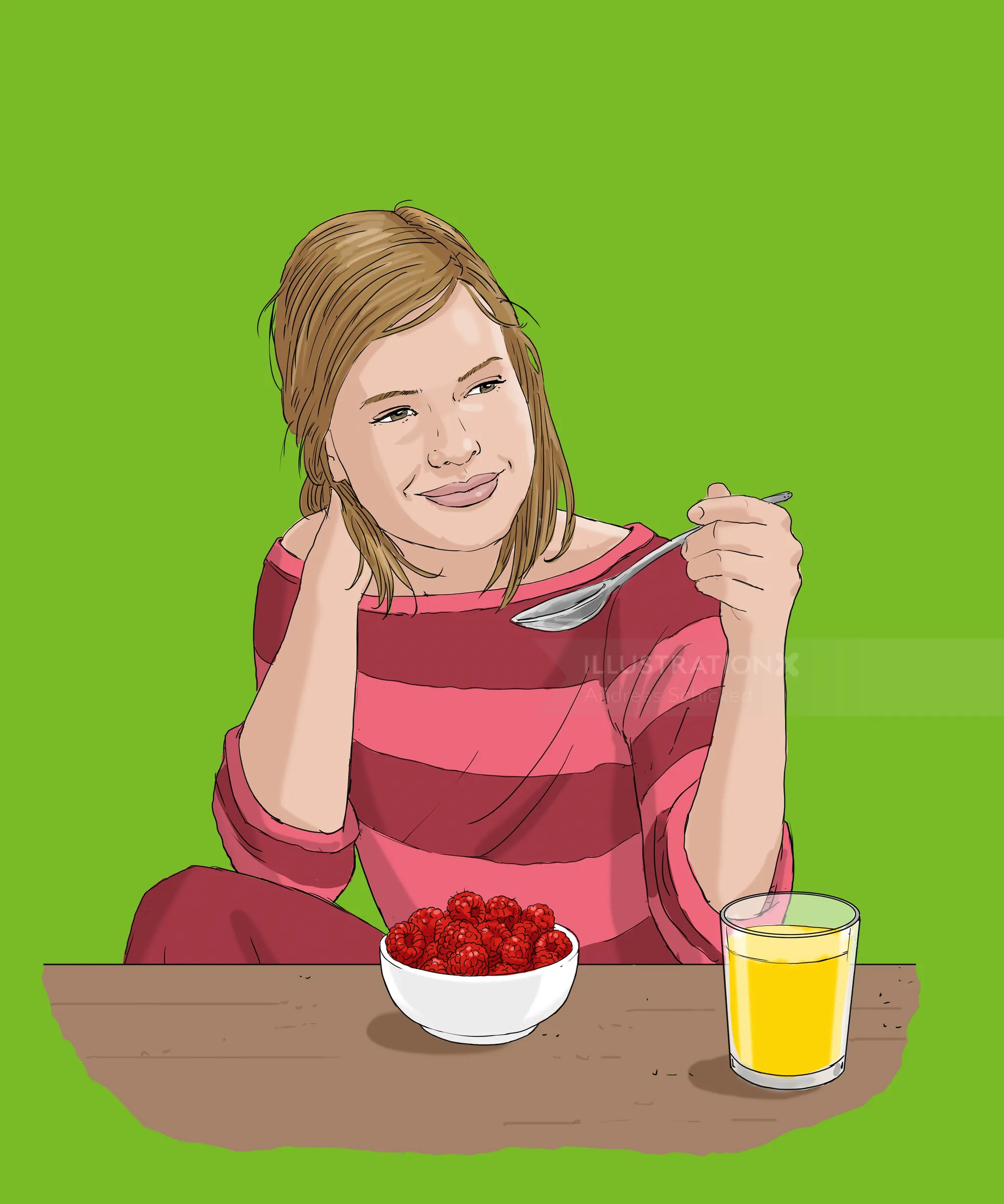 Woman eating raspberries from a bowl with a glass of juice by Andreas Schickert
