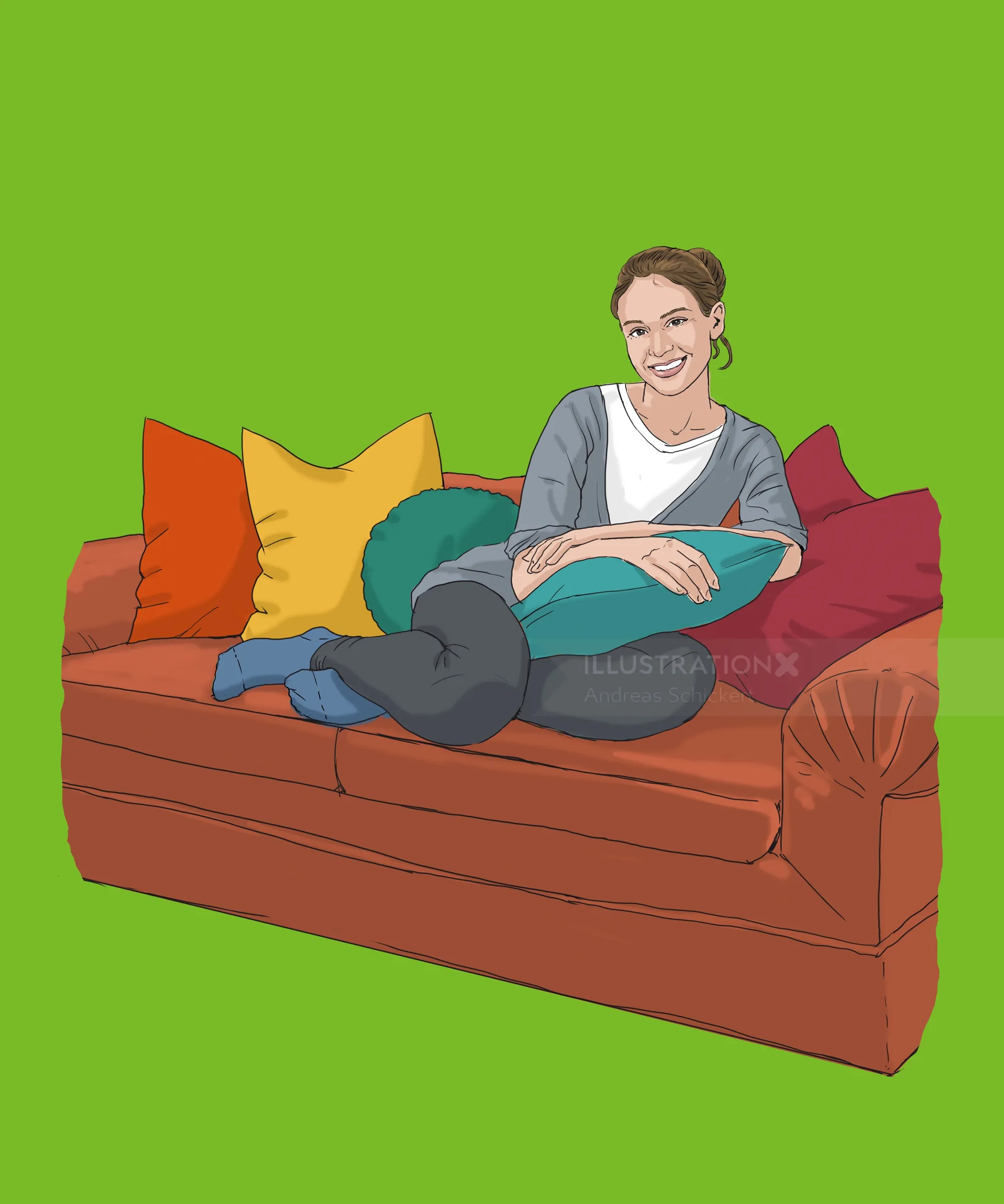Woman relaxing on brown sofa with colorful pillows by Andreas Schickert