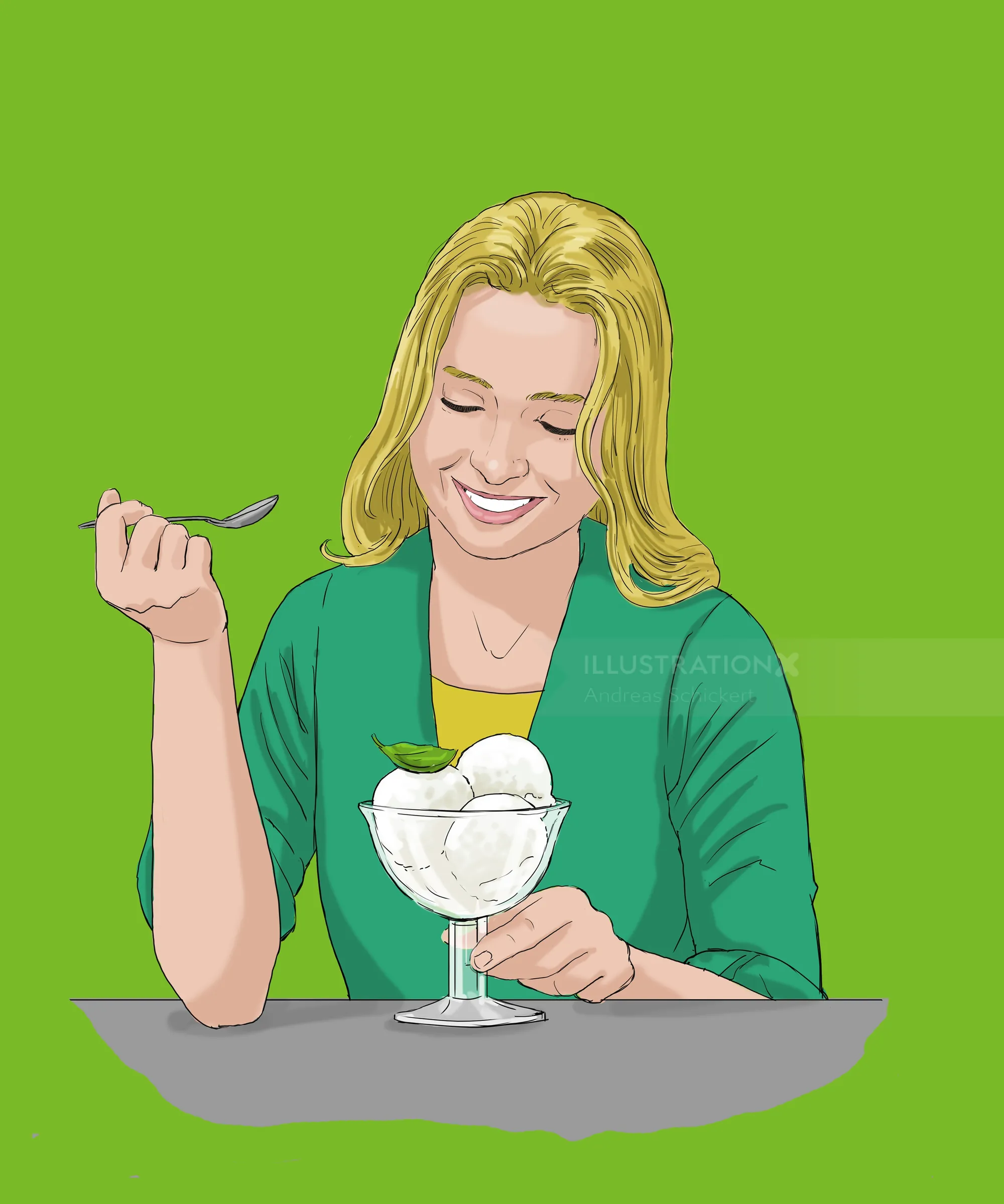 Woman enjoying a glass bowl of vanilla ice cream dessert by Andreas Schickert