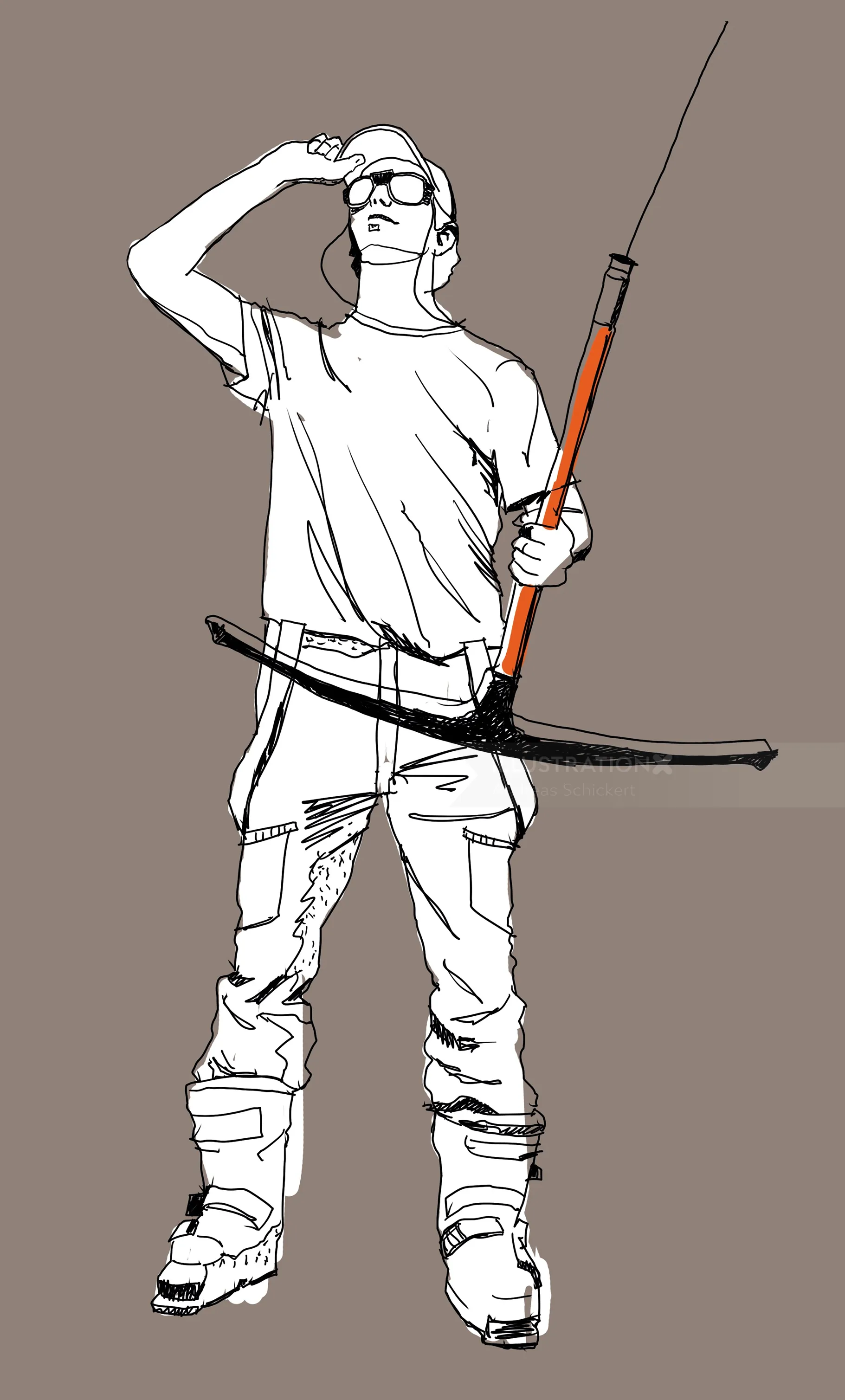 Man holding oversized syringe and bow illustration by Andreas Schickert