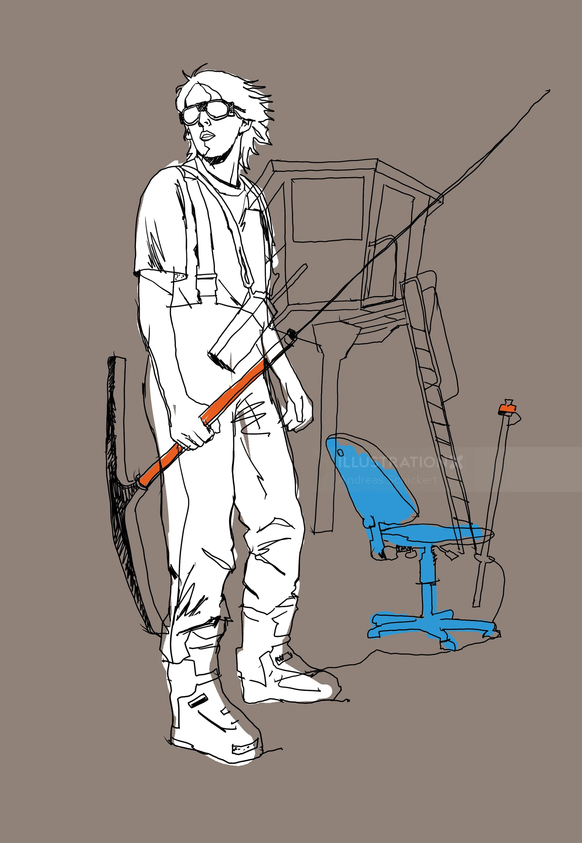 Illustration of a man with fishing rod near office chair and ladder by Andreas Schickert