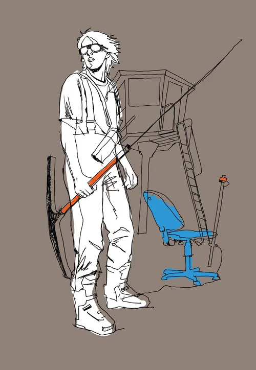 Illustration of a man with fishing rod near office chair and ladder by Andreas Schickert