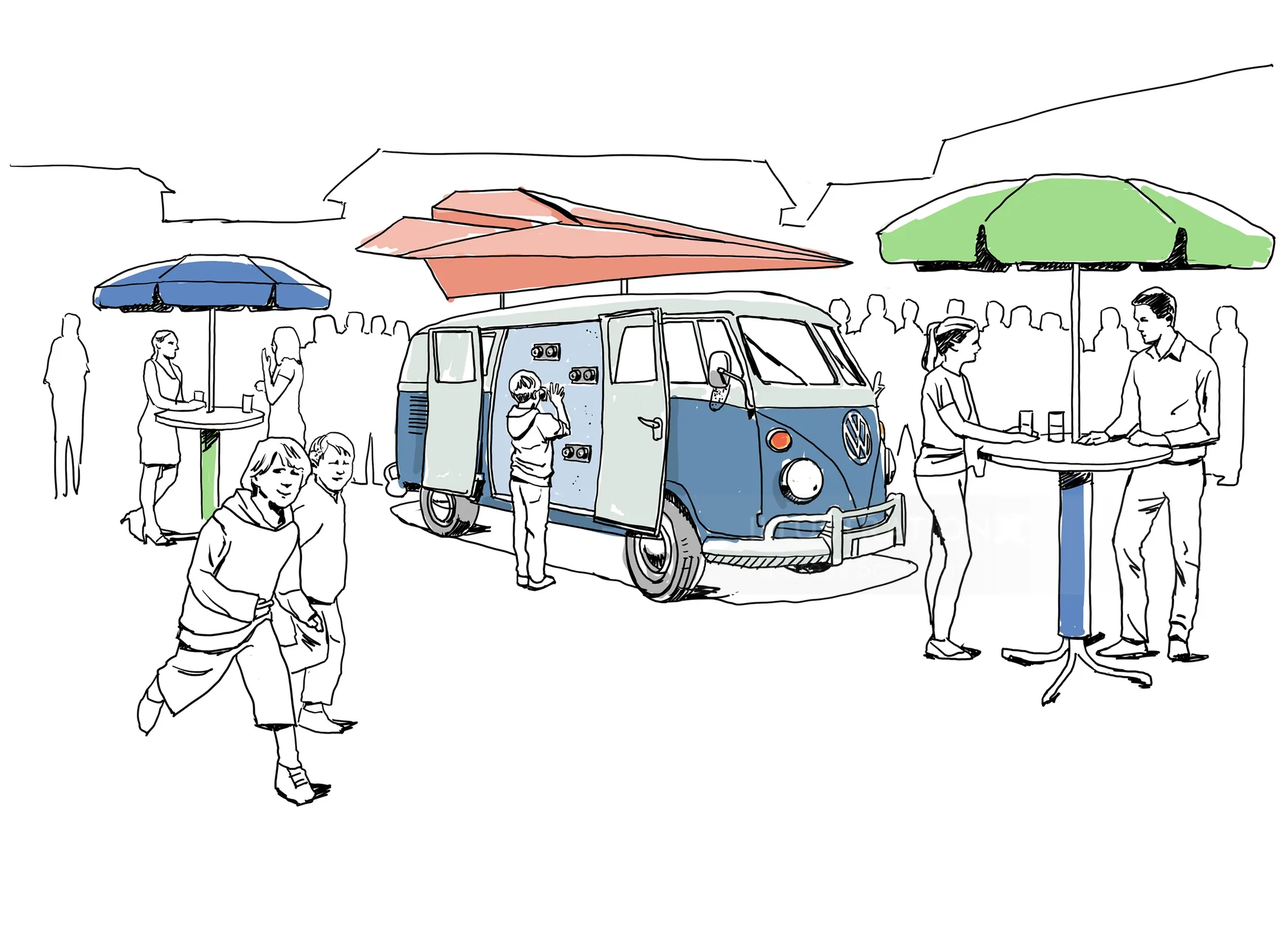 Vintage blue food truck serving customers under umbrellas by Andreas Schickert