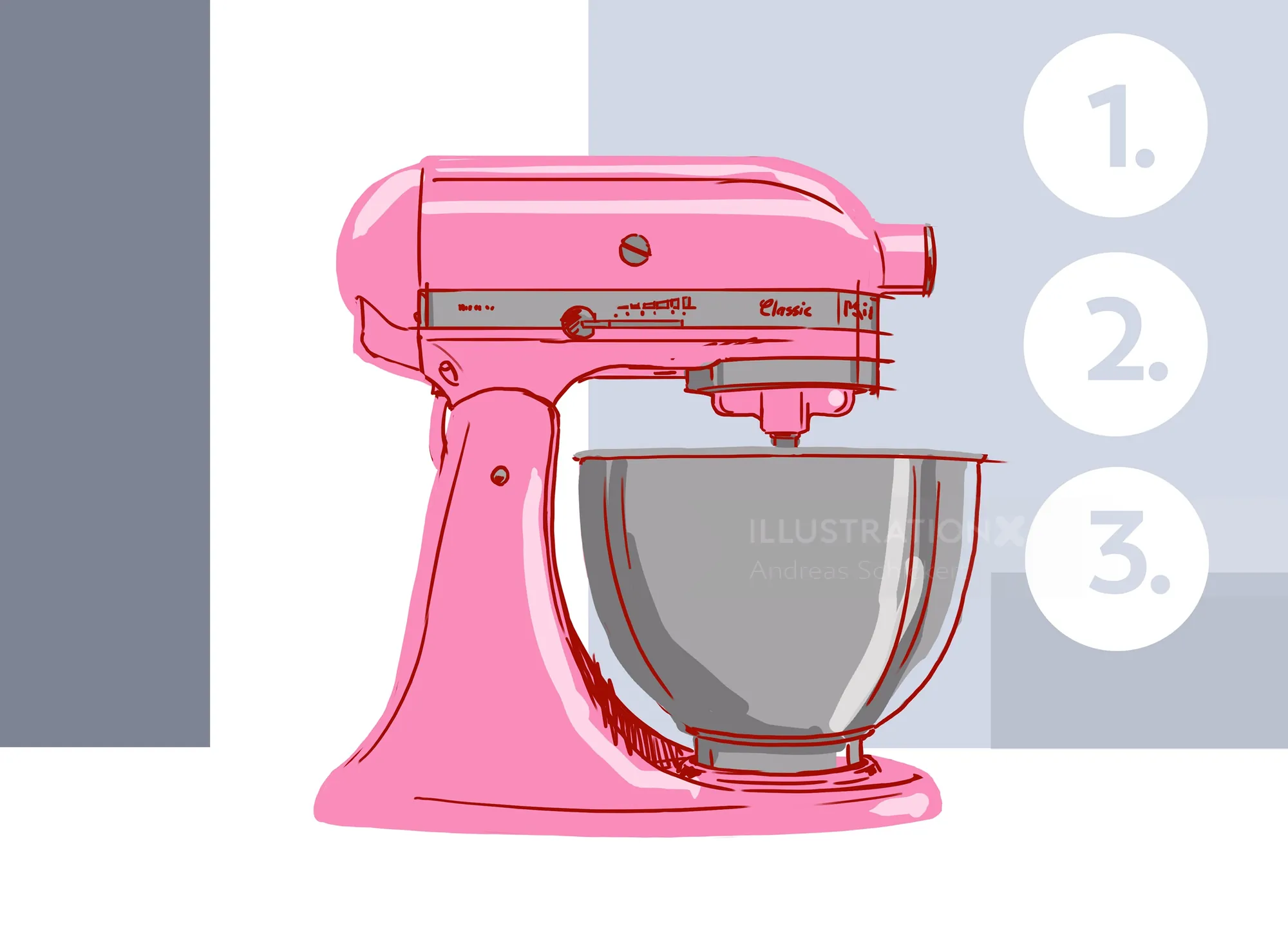 Pink stand mixer with metal mixing bowl illustration by Andreas Schickert