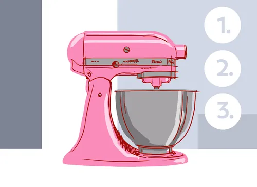 Pink stand mixer with metal mixing bowl illustration by Andreas Schickert
