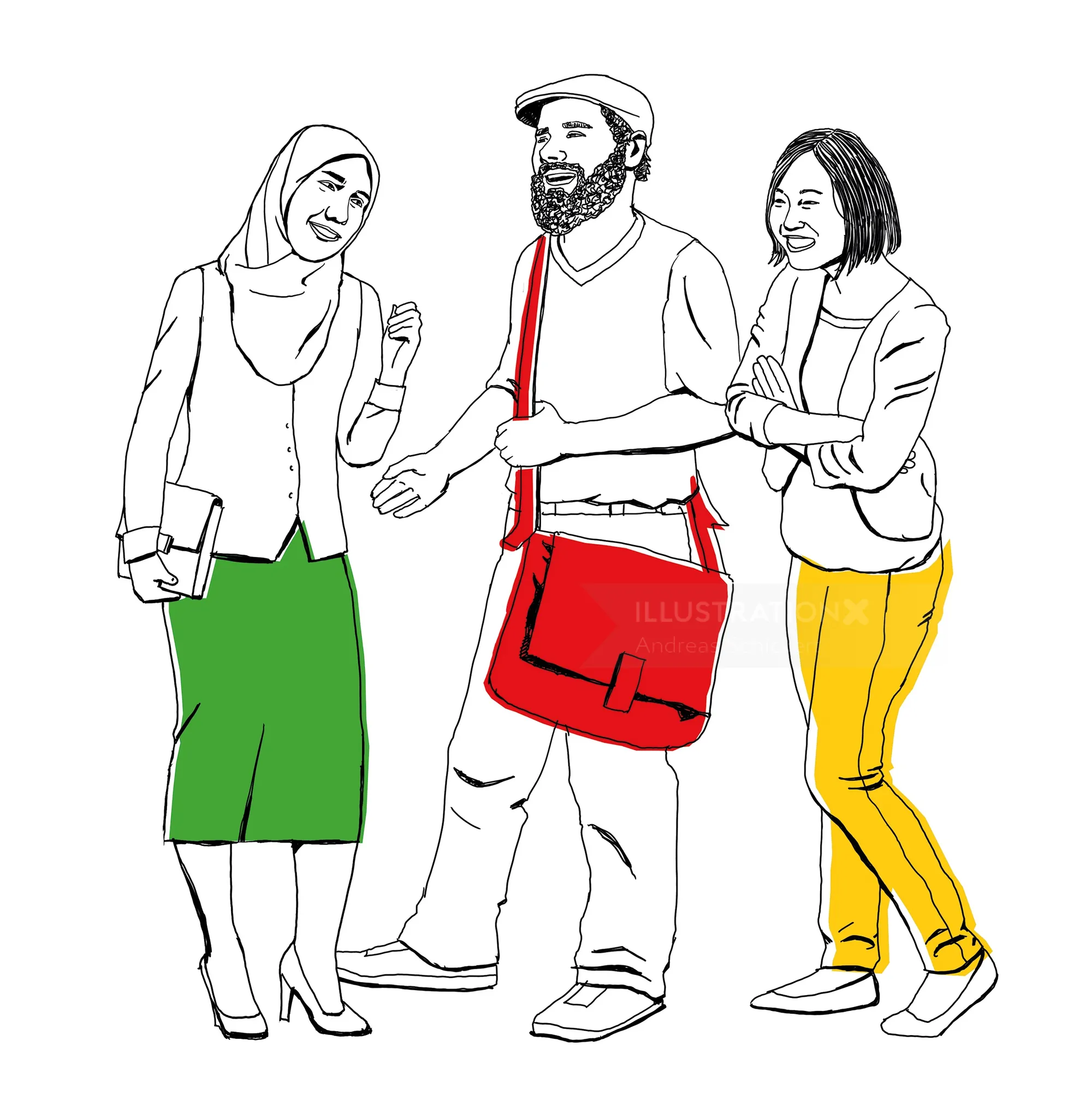 Illustration of three diverse people talking, by Andreas Schickert
