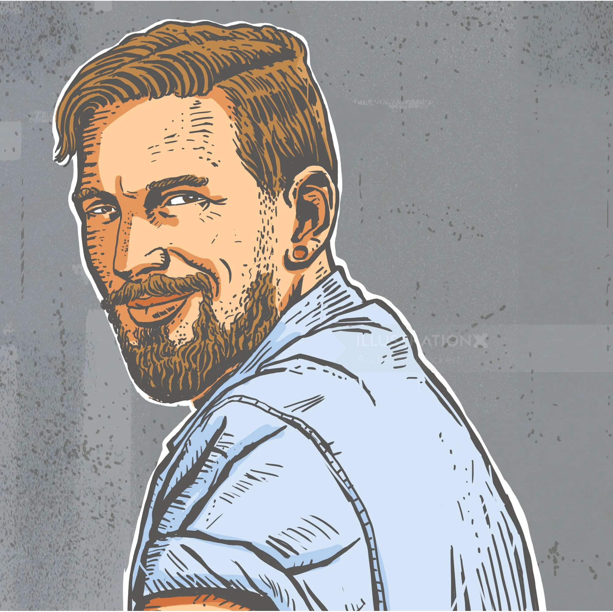 Bearded man looking back wearing a light blue shirt, illustration by Andreas Schickert