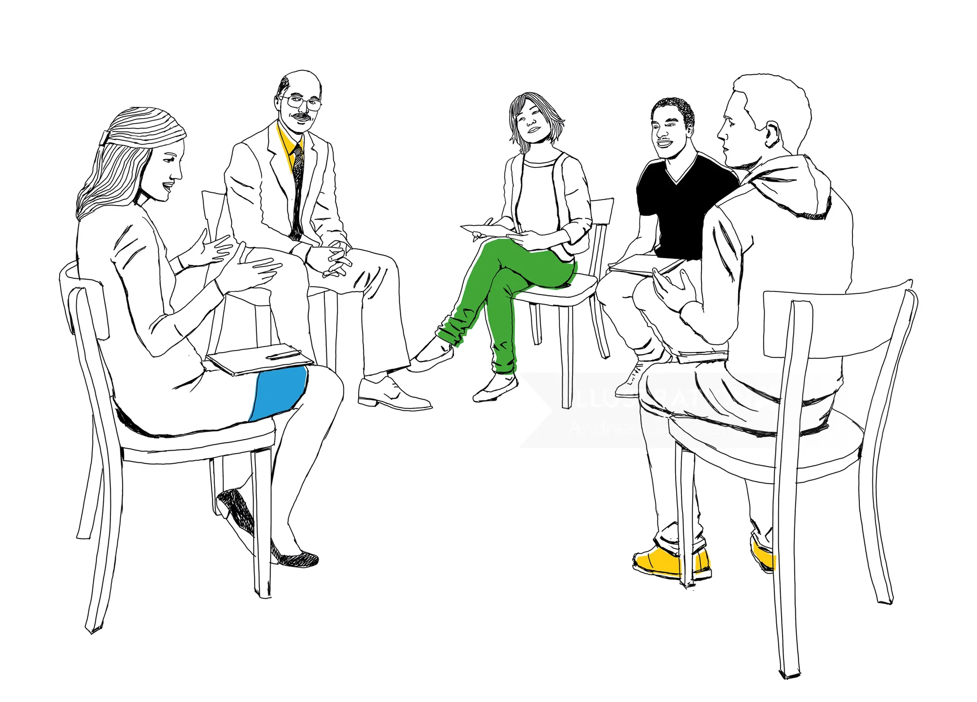 Illustration of five people sitting in a circle, by Andreas Schickert
