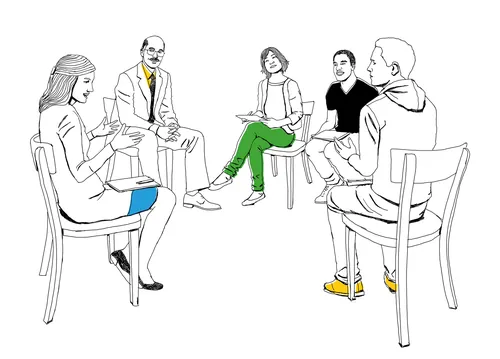 Illustration of five people sitting in a circle, by Andreas Schickert