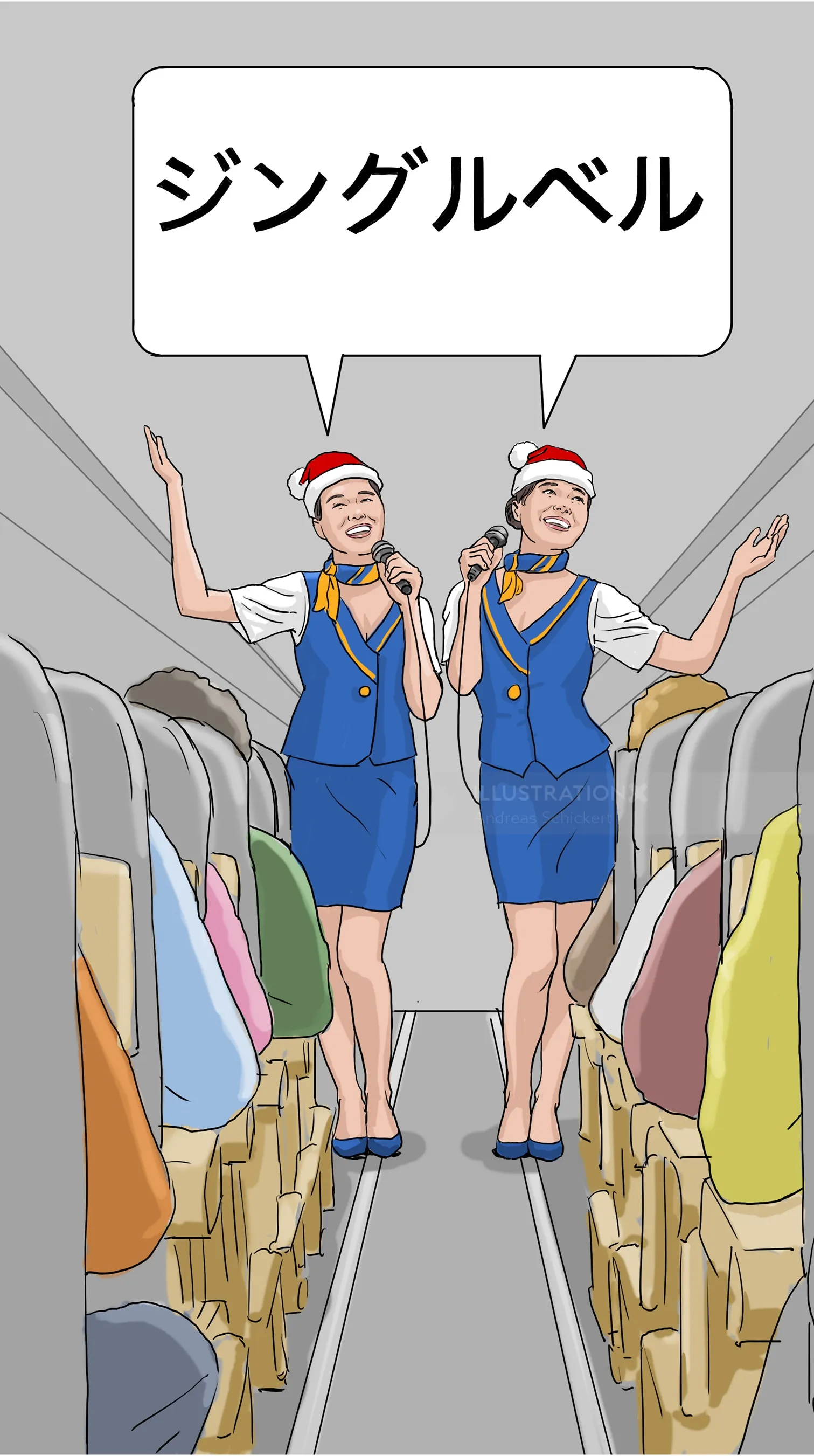 Two flight attendants singing Jingle Bells in airplane aisle by Andreas Schickert